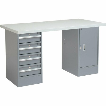GLOBAL INDUSTRIAL 60 x 24 Pedestal Workbench 4 Drawers & 1 Cabinet, Laminate Square Edge Gray 253778